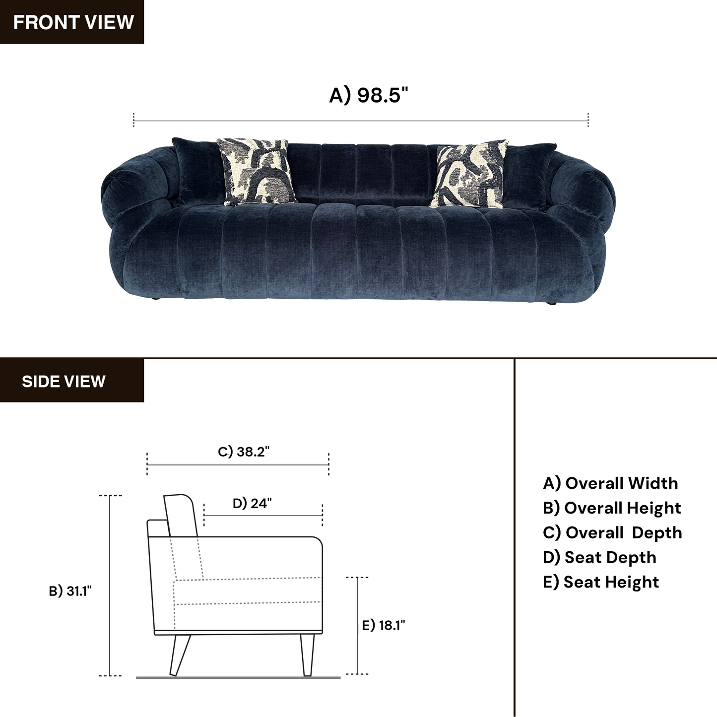 Klaussner Ferrara Blue Fabric Sofa with Channel-Tufted Back