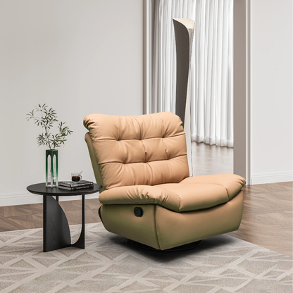 Klaussner Stella leather recliner in upright position - side profile view highlighting swivel base for comfort design furniture 