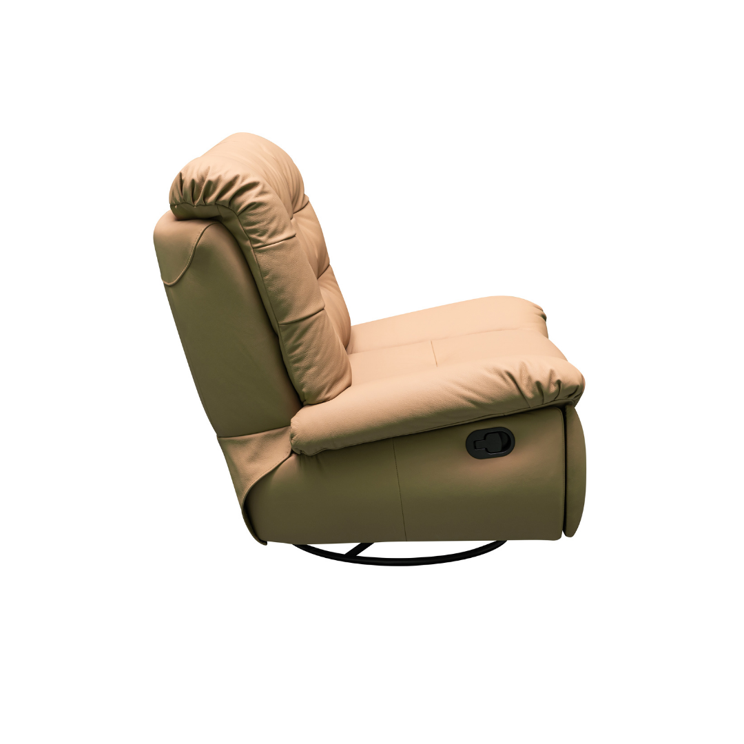 Side view of Klaussner Stella swivel glider showing rear construction and finish for comfort design furniture