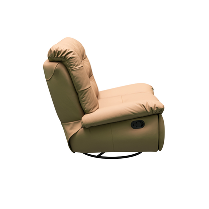 Side view of Klaussner Stella swivel glider showing rear construction and finish for comfort design furniture