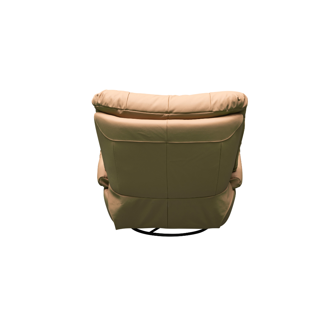 Back view of Klaussner Stella swivel glider showing rear construction and finish for comfort design furniture