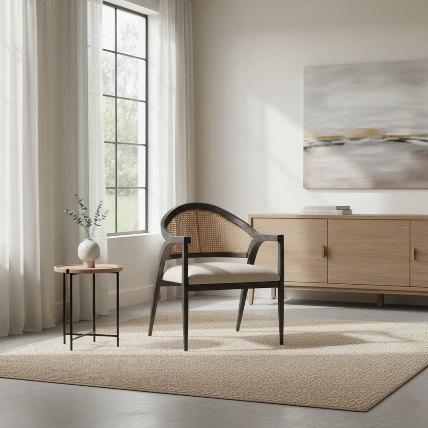 Universal Modern Upholstered Woven Back Accent Chair in Onyx Frame