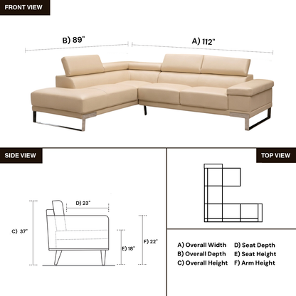 Gio Italia Brixton Leather Sectional Sofa With Chaise
