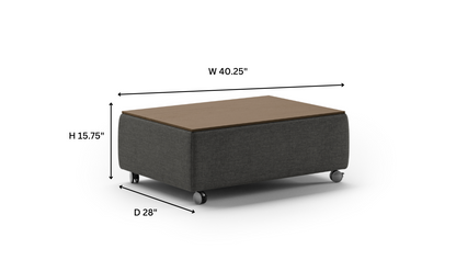 Modern rectangular coffee table with fabric base, wooden top, and rolling caster wheels – functional contemporary living room furniture